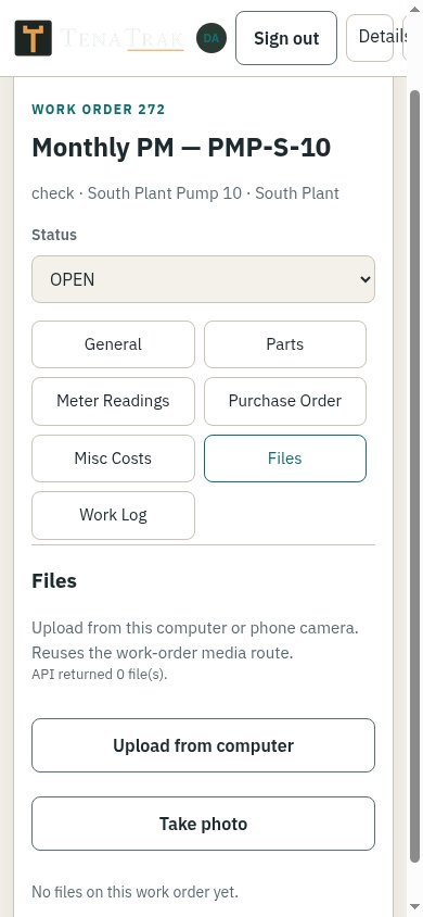 Tenatrak technician work order on a phone: Monthly PM PMP-S-10 on South Plant Pump 10, with Take photo on the Files tab.