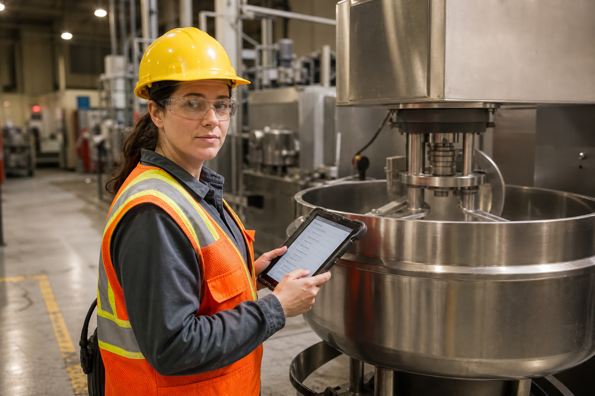 A maintenance technician in a yellow hard hat checks a mixer with a tablet on the plant floor.