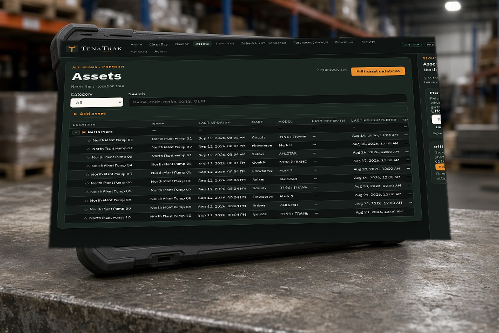 A plant-floor table with the Tenatrak planner open on a tablet. The clipboard is gone.