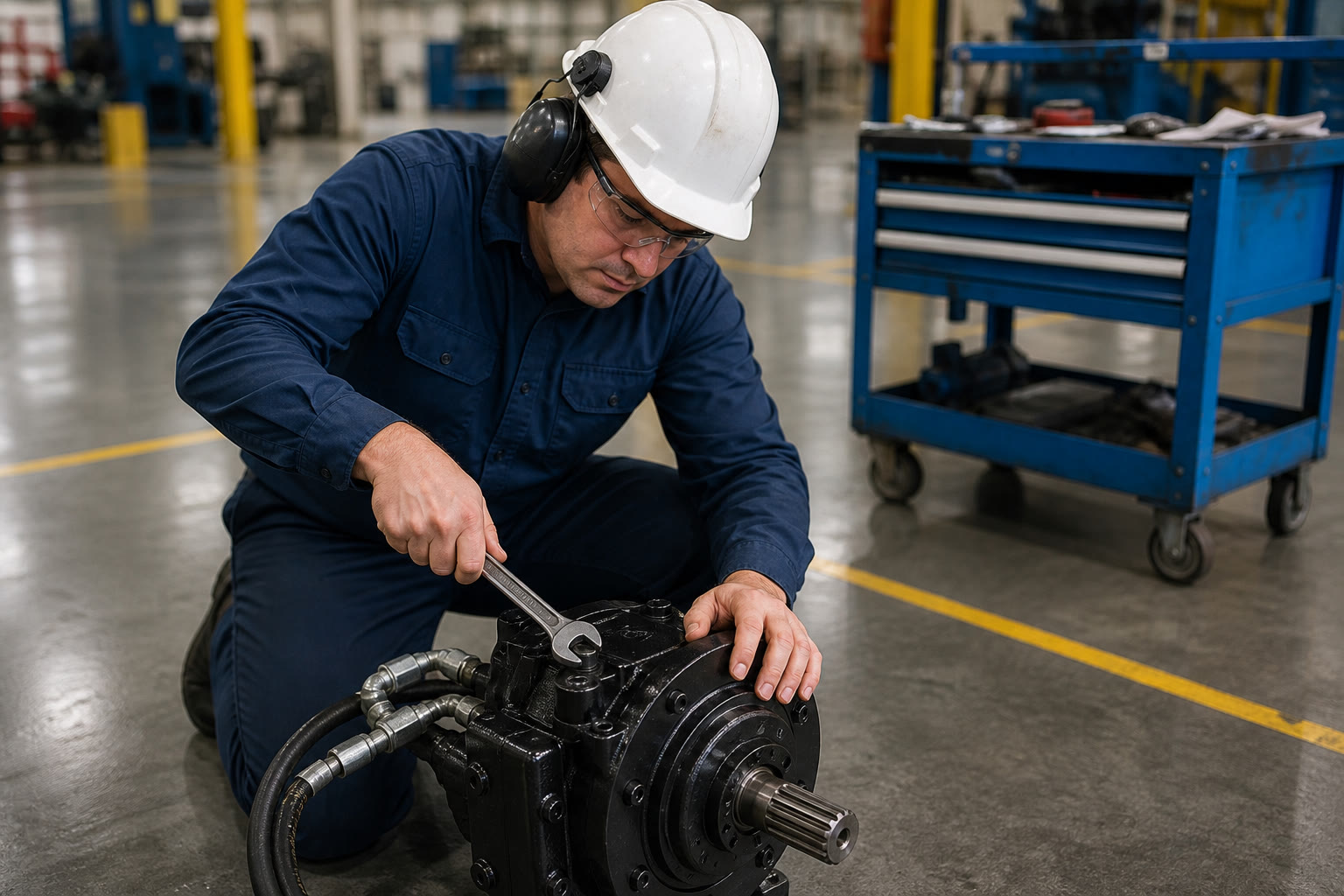 A technician in a white hard hat and hearing protection working on a machine with a wrench.